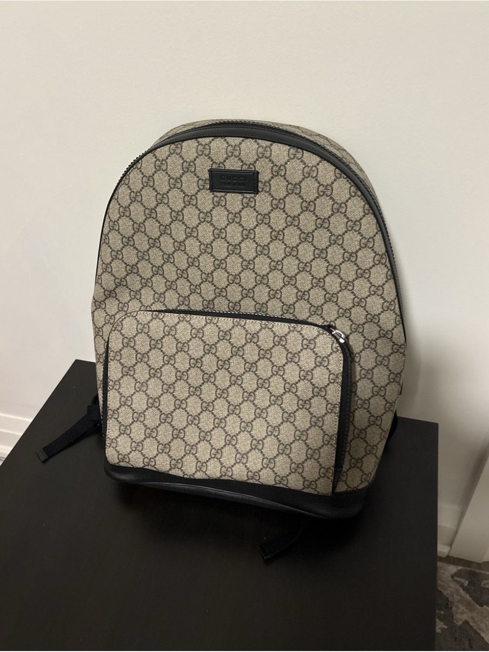 Gucci Beige GG Supreme Canvas Backpack with Black Trim
